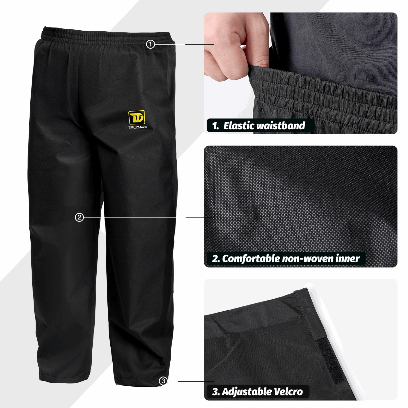 Trudave TrailBlaze Series Men’s Waterproof Rain Pants featuring elastic waistband, comfortable non-woven inner lining, and adjustable Velcro cuffs for a secure and flexible fit.